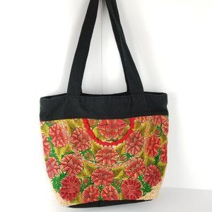 Guatemala Handmade Red Rose‎ Floral Embroidered Purse Tote Shoulder Bag《369》
